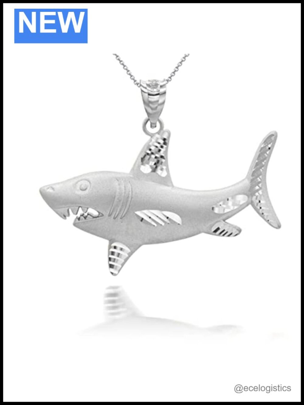 Sterling Silver Great White Shark Pendant Necklace Rolo Chain 22"